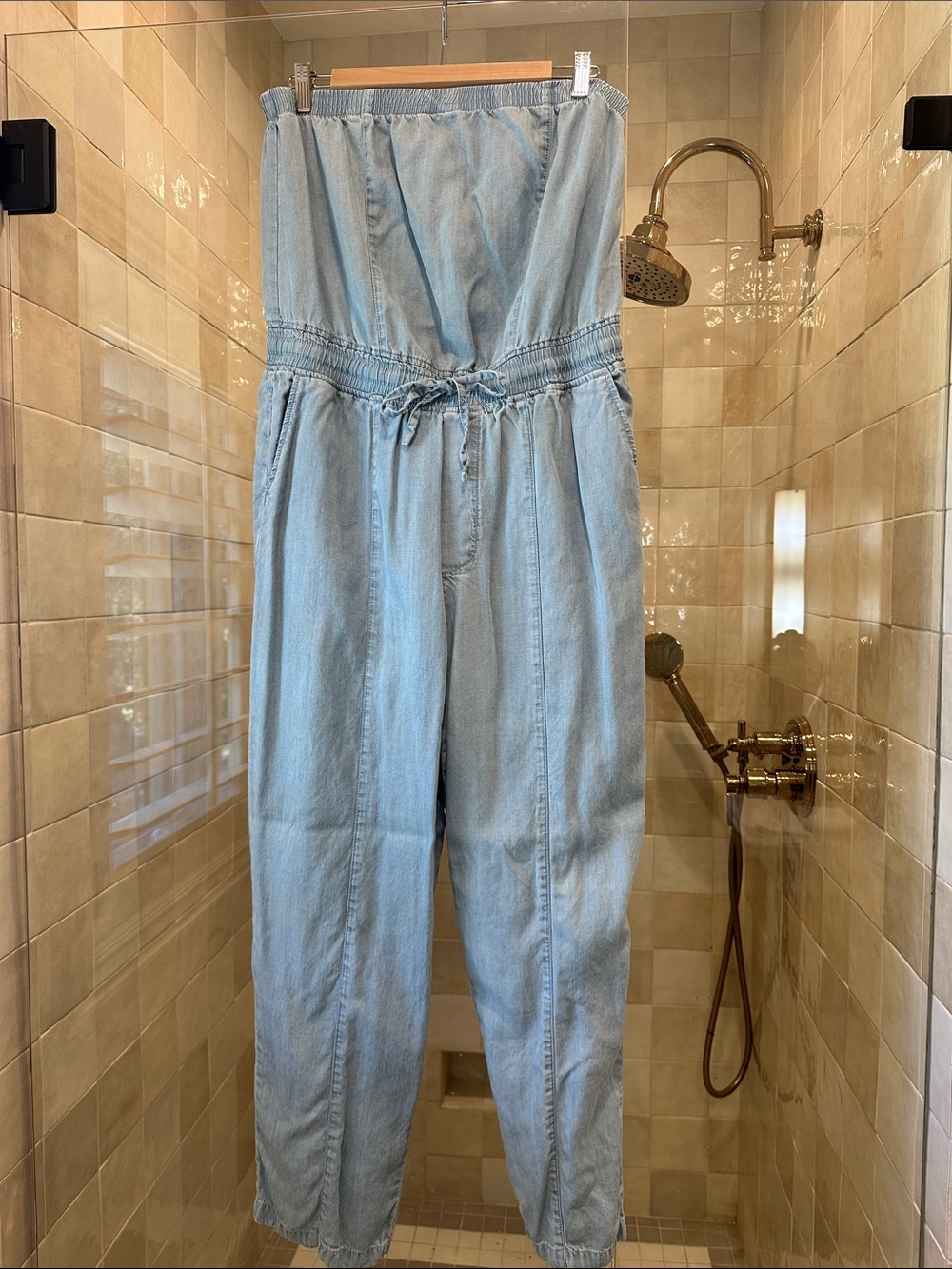 Light Blue Chambray Strapless Jumpsuit